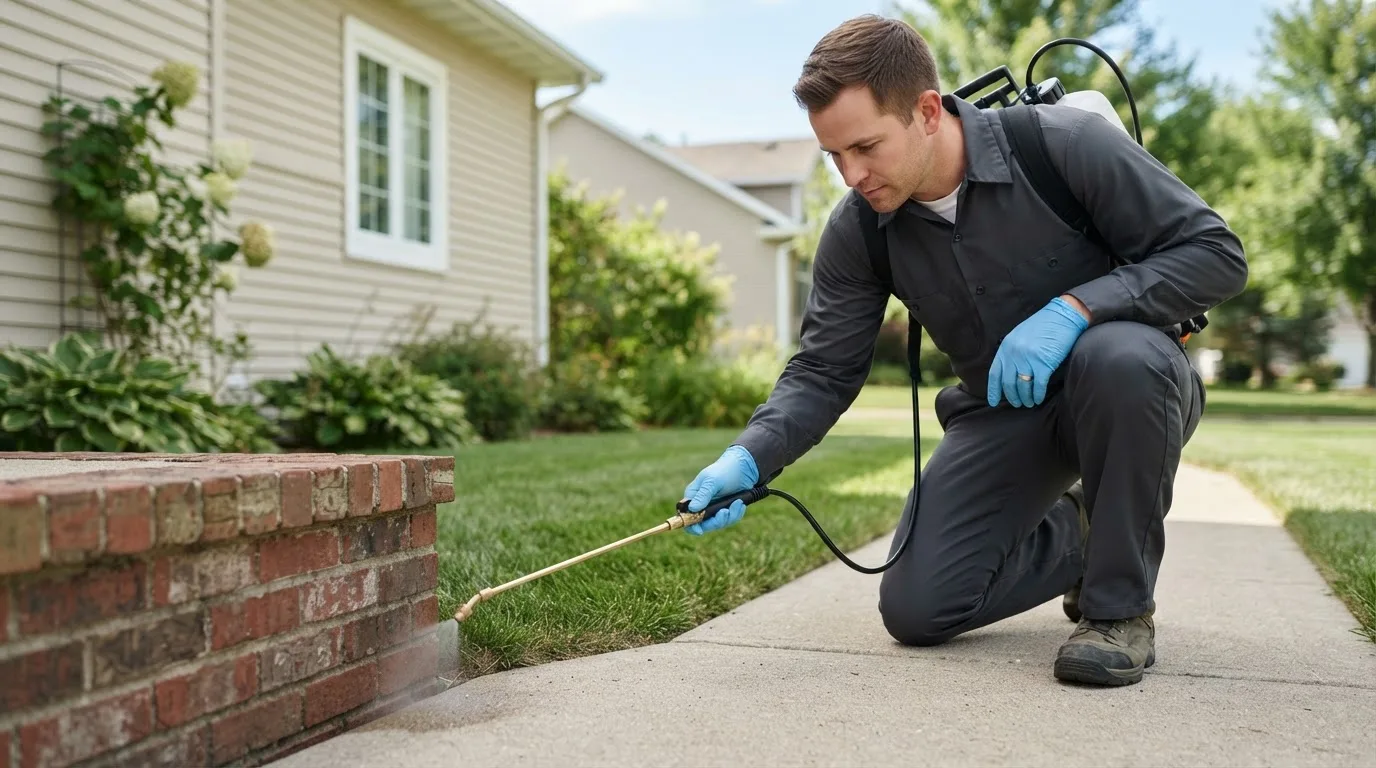 Pest control technician treating a home near West Long Branch, NJ